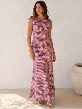 CAROLINE CONSTAS Mariselle Red Gingham Maxi Dress size L Large (Doen )